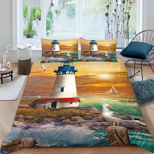 Sommer BettwäSche 135x200 Leuchtturm Bettbezug 135x 200 3 Teilig mit ReißVerschluss Landschaft Weich und bügelfrei BettwäSche-Sets - WendebettwäSche mit 2 Kissenbezug 80x80 von LLSZAHD