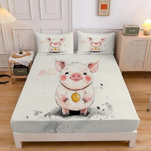 Spannbettlaken 180x200cm Schwein Spannbetttuch Gold Bettlaken Tiefe Tasche 30cm für Boxspringbett, Mikrofaser Spannleintuch mit 2 KissenbezüGen 80x80 cm von LLSZAHD