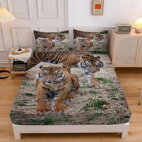 Tiger Spannbettlaken 100x200cm, Tiger Mikrofaser Bettlaken für Kinder, Spannbetttuch Atmungsaktive Hypoallergene Tiefe Tasche 30 cm, Bettlaken mit 2 x KissenbezüGen von LLSZAHD