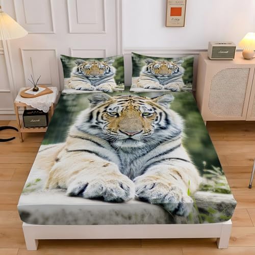 Tiger Spannbettlaken 140x200cm, Tier Spannbetttuch Weiches Atmungsaktiv SpannbetttüCher - Mikrofaser Bettlaken 140x200 Tiefe Tasche 30 cm mit 2 KissenbezüGen von LLSZAHD