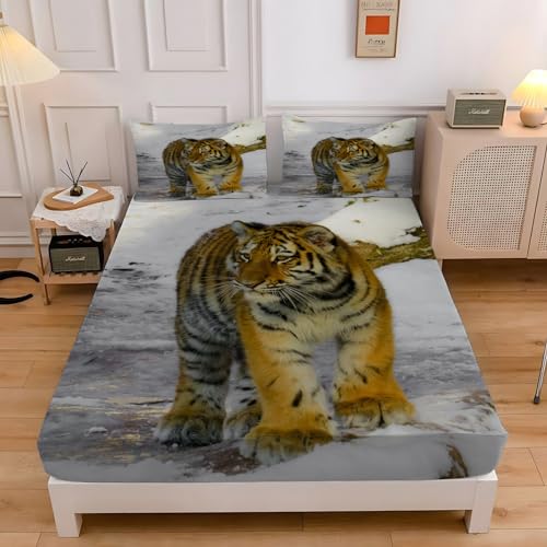 Tigerjunges Spannbettlaken 140x200cm, Schnee Spannbetttuch Weiches Atmungsaktiv SpannbetttüCher - Mikrofaser Bettlaken 140x200 Tiefe Tasche 30 cm mit 2 KissenbezüGen von LLSZAHD