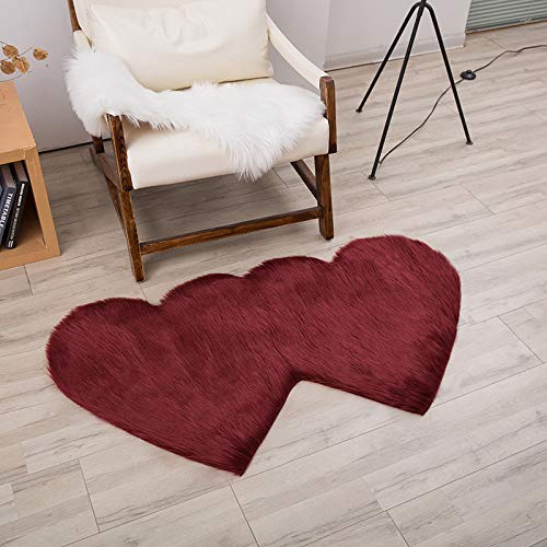 LLWYH Badteppich Badematte Badezimmerteppich Badvorleger Faux Wollteppich Doppelte Herzförmige Plüsch Wohnzimmer Nachtbett Schlafzimmer Badteppich 60X120 cm Rotwein von LLWYH