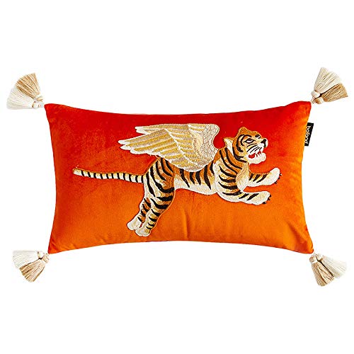 LLWYH Zierkissenbezüge Deko Kissen Amerikanischer Samt Tiger Stickerei Sofa Schlafzimmer Wohnzimmer Dekoration Kissenbezug 30 x 50 cm Ohne Kern Orange von LLWYH