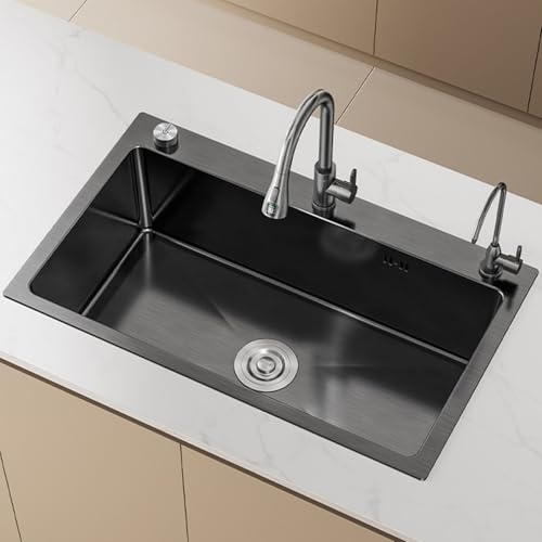 72x45cm Küchenspüle aus Edelstahl Mit Digitalem Ausziehhahn,Schwarz Spülbecken kontrollierter Abfluss auf der Arbeitsplatte Einzelbecken Waschbecken,Moderne Einbauspüle,Multifunktionale Barspüle von LLXNQ026