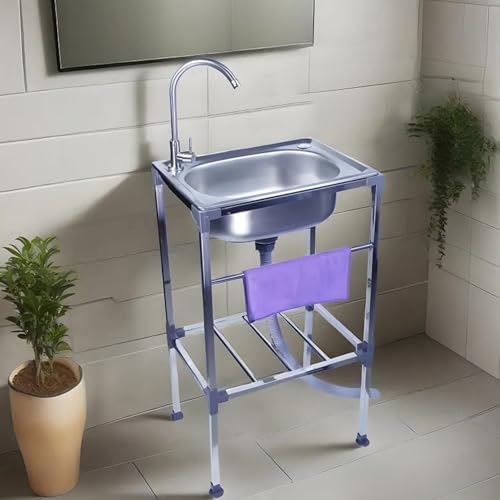 Freistehende Edelstahl Spülbecken für Innen- und Außen,53x38cm Einzelbecken Mobile Ausgussbecken Küchenspüle Waschbecken Mobile Multifunktions Spültisch für Restaurant,Garage oder Waschküche von LLXNQ026