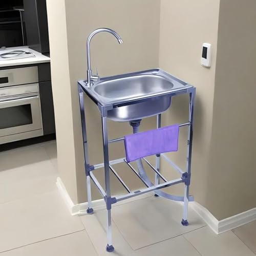 Freistehende Edelstahl Spültisch 1 Becken Mobile Gewerbliche Küchenspüle mit Warm- und Kalt Wasserhahn,53x38cm Multifunktions Waschtisch,Ausgussbecken für Waschküche/Garage/Hinterhof von LLXNQ026