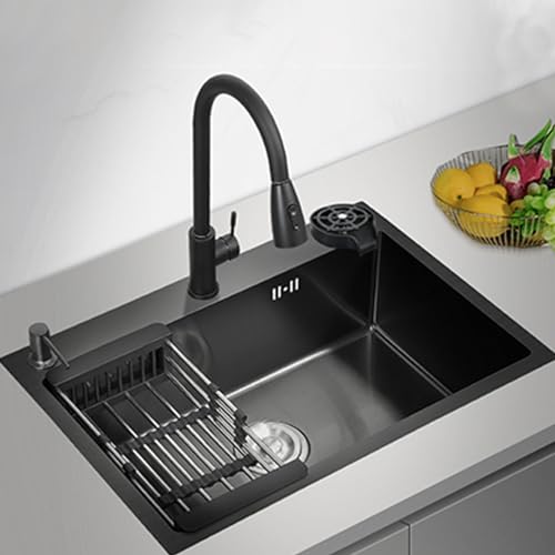 Schwarz Küchenspülen Edelstahl Küche Waschbecken 1 Becken Hausspüle Gemüsebecken Einzelspüle Einbauspüle Mit Ausziehbarem Wasserhahn,Fleckenbeständig und Pflegeleicht (75x45cm) von LLXNQ026