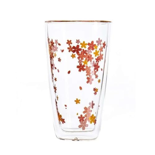LLXTJJY Elegante Glasbecher Double Wall Glass Cup with Sakura Printings 350ml Lovely Heat Insulation Coffee Milk Shake Juice Tumbler Trinkgläser aus Glas von LLXTJJY