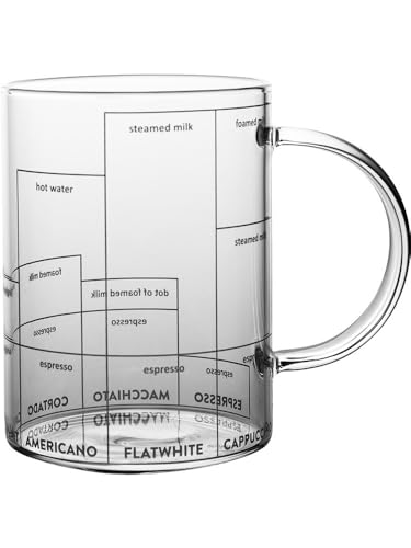 LLXTJJY Elegante Glasbecher Kaffeerezept-Glasbecher mit Kaffee-, Milch- und Wasserwaage, bedruckt weißen Buchstaben, hitzebeständiger Kaffeebecher, 1 Stück Trinkgläser aus Glas von LLXTJJY