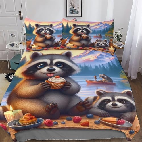 LLXXHH Waschbär Bettwäsche Atmungsaktive Angenehme Bettbezüge, Mit Reißverschluss Bettdeckenbezug, 2teilig Bettbezug + Kissenbezug Single(135x200cm) von LLXXHH