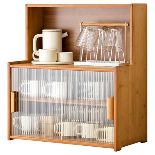 LLXYYD Bambus-Tischschrank Sideboard mit 2 Schiebetüren aus gestreiftem Glas, Küchenvorratsschrank für Flaschen, Geschirr und Schüsseln(Style 1,55x28x61cm) von LLXYYD