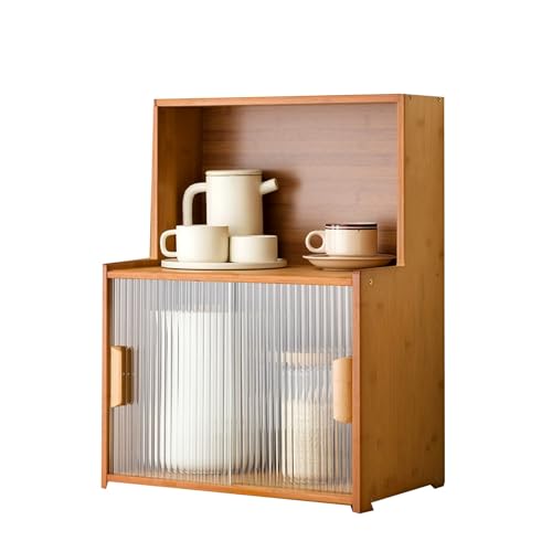 LLXYYD Bambus-Tischschrank Sideboard mit 2 Schiebetüren aus gestreiftem Glas, Küchenvorratsschrank für Flaschen, Geschirr und Schüsseln(Style 2,45x28x61cm) von LLXYYD