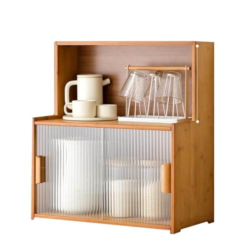 LLXYYD Bambus-Tischschrank Sideboard mit 2 Schiebetüren aus gestreiftem Glas, Küchenvorratsschrank für Flaschen, Geschirr und Schüsseln(Style 2,55x28x61cm) von LLXYYD
