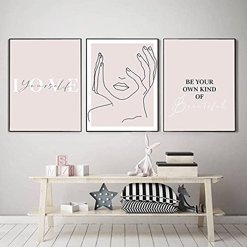 Wunderschönes Bild, 3-teilig, 40 x 60 cm, ohne Rahmen, minimalistisches Poster mit Frauengesichtzeichnung, Wandzeichnung, Zitat "Love Yourself" von LLYSJ