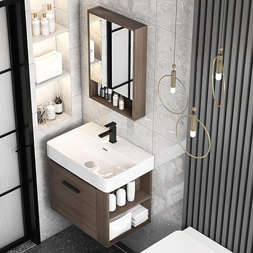 LLZJDDPLY Badezimmermöbel, 2 Teilig Badezimmerschrank, 48-60cm Unterschrank mit Keramikwaschbecken, Spiegelschrank (Massivholz) (Size : 55cm) von LLZJDDPLY