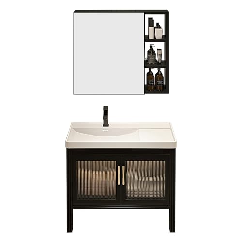 LLZJDDPLY Badmöbel Set mit spiegelschrank, Badezimmermöbel, 2 Teilig Badezimmerschrank, 61 cm Unterschrank mit Keramikwaschbecken, Spiegelschrank (Schwarz) von LLZJDDPLY