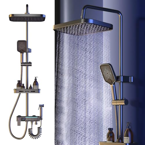 LLZJDDPLY Duschsystem mit Thermostat, Duscharmatur Komplettset，Messingkörper, Edelstahlrohr, 4 Wasserauslassmodi, mit Aufbewahrungsregal und Verlängerungsrohr von LLZJDDPLY
