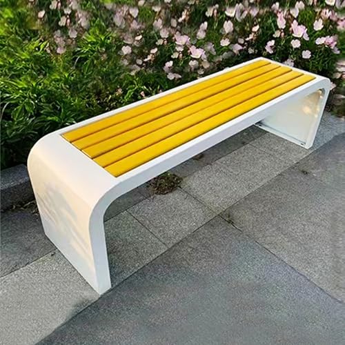 LLZJDDPLY Gartenbank Metall Wetterfest, Holzbank, Terrassenmöbel, Kunststoff-Holzstreifen-Design Ohne Rückenlehne, Tragkraft 500 kg(E,150cm/59in) von LLZJDDPLY