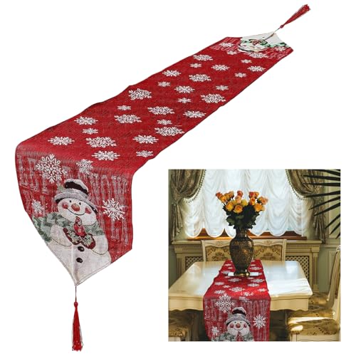 LLangfei 1PCS Weihnachten Tischläufer Schneemann Tischläufer Weihnachten Rot mit Quaste Schneeflocken Baumwollhanf Weihnachtstischläufer Christmas Table Runner 33*180cm von LLangfei