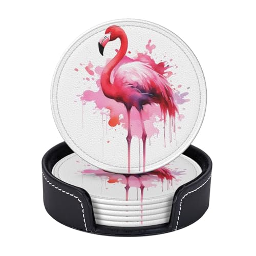 Getränkeuntersetzer Set mit 6 Flamingo-Aquarell-Leder-Untersetzern, Schutz für Tisch, Schreibtisch, niedliche Getränkeuntersetzer für Tasse, hitzebeständig, Kaffee-Untersetzer für Schreibtisch, Küche, von LLaviD