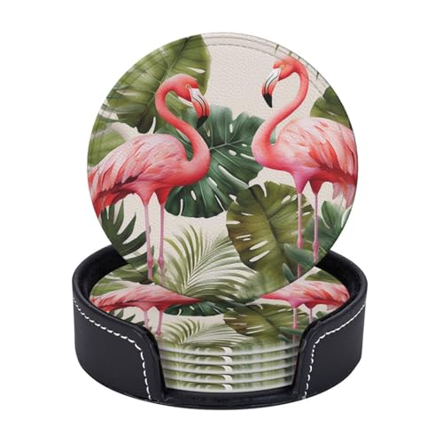 Getränkeuntersetzer Set mit 6 Flamingo-Palmen Blatt Leder Untersetzer Schutz für Tisch Schreibtisch Niedliche Getränkeuntersetzer für Tasse Hitzebeständige Kaffeeuntersetzer für Schreibtisch Küche von LLaviD