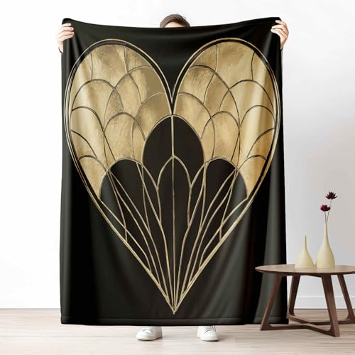 3D Fleecedecke Art Deco Herzform KuscheldeckeRetro Faltfächer Flauschig & Weich Geometrie Linie Wohndecke für Sofa, Bett, Couch, Warm und Gemütlich, 230x270 cm von LLponhg