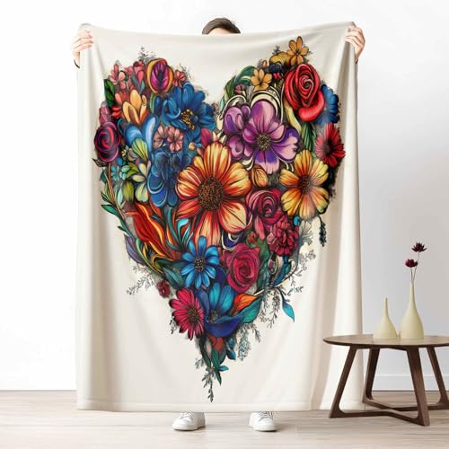 3D Fleecedecke Geblümt Blumen KuscheldeckeBunt Liebe Flauschig & Weich Ölgemälde Herzform Wohndecke für Sofa, Bett, Couch, Warm und Gemütlich, 230x270 cm von LLponhg