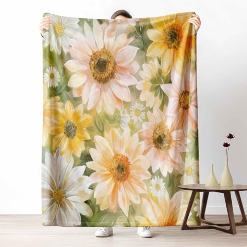 3D Kuscheldecke für Erwachsene Aquarell Gänseblümchen Wohndecke Flauschig als Sofa Deko Blumen Sonnenblume Tagesdecke Sommer Blume Fleecedecke Warm für Couch & Sessel, 130x150 cm von LLponhg