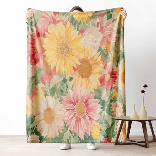 3D Kuscheldecke für Erwachsene Aquarell Sonnenblume Wohndecke Flauschig als Sofa Deko Blumen Gänseblümchen Tagesdecke Malerei Blume Fleecedecke Warm für Couch & Sessel, 130x150 cm von LLponhg
