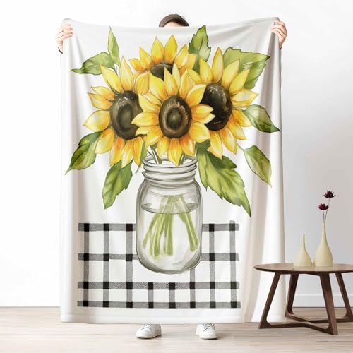 3D Kuscheldecke für Erwachsene Bauernhaus Sonnenblume Wohndecke Flauschig als Sofa Deko Landhausstil Kariert Tagesdecke Floral Gitter Fleecedecke Warm für Couch & Sessel, 130x150 cm von LLponhg