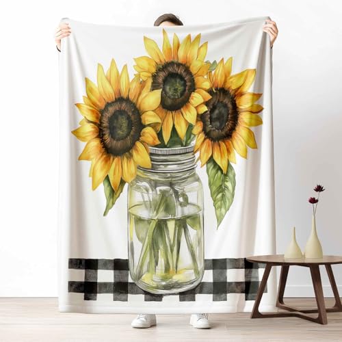 3D Kuscheldecke für Erwachsene Bauernhaus Sonnenblume Wohndecke Flauschig als Sofa Deko Rustikal Kariert Tagesdecke Landhausstil Vichy Muster Fleecedecke Warm für Couch & Sessel, 130x150 cm von LLponhg