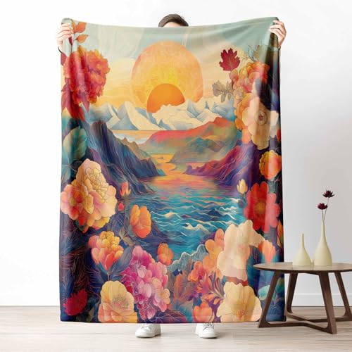 3D Kuscheldecke für Erwachsene Blumen Landschaft Wohndecke Flauschig als Sofa Deko Garten Sonnenuntergang Tagesdecke Malerei Berg Fleecedecke Warm für Couch & Sessel, 130x150 cm von LLponhg