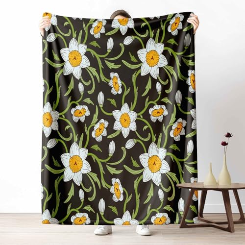 3D Kuscheldecke für Erwachsene Blumen Narzissen Wohndecke Flauschig als Sofa Deko Botanisch Pflanze Tagesdecke Natur Blatt Fleecedecke Warm für Couch & Sessel, 130x150 cm von LLponhg