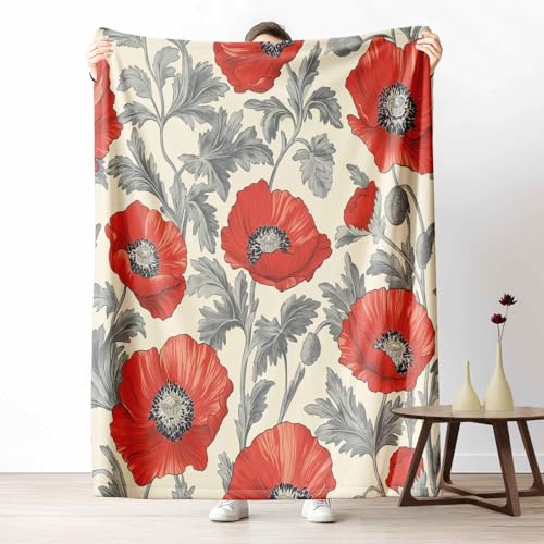 3D Kuscheldecke für Erwachsene Botanisch Mohn Wohndecke Flauschig als Sofa Deko Geblümt Blume Tagesdecke Vintage Blatt Fleecedecke Warm für Couch & Sessel, 130x150 cm von LLponhg
