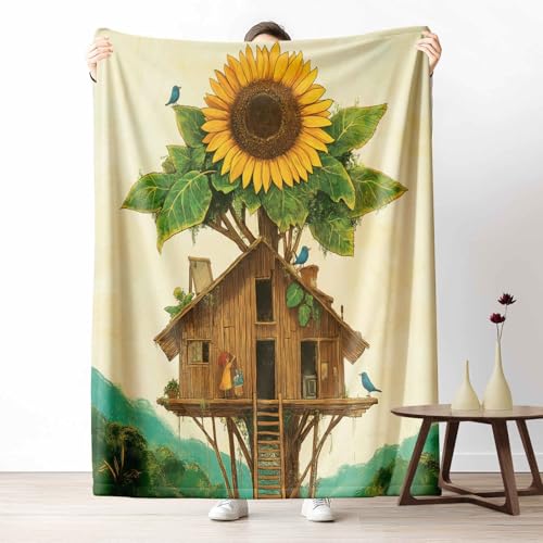3D Kuscheldecke für Erwachsene Cartoon Baumhaus Wohndecke Flauschig als Sofa Deko Fantasie Sonnenblume Tagesdecke Märchen Vogel Fleecedecke Warm für Couch & Sessel, 130x150 cm von LLponhg