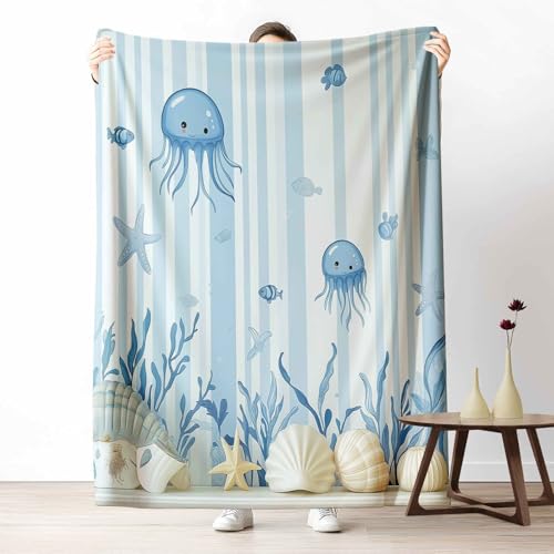 3D Kuscheldecke für Erwachsene Cartoon Qualle Wohndecke Flauschig als Sofa Deko Meerestiere Fisch Tagesdecke Unterwasserwelt Algen Fleecedecke Warm für Couch & Sessel, 130x150 cm von LLponhg