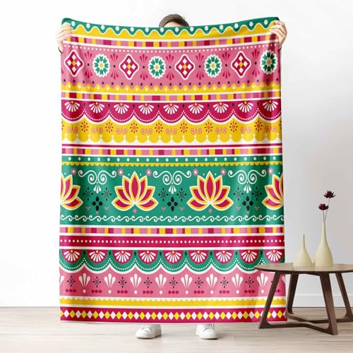 3D Kuscheldecke für Erwachsene Ethnischer Lotusblume Wohndecke Flauschig als Sofa Deko Indisch Streifenmuster Tagesdecke Bohemian Muster Fleecedecke Warm für Couch & Sessel, 130x150 cm von LLponhg
