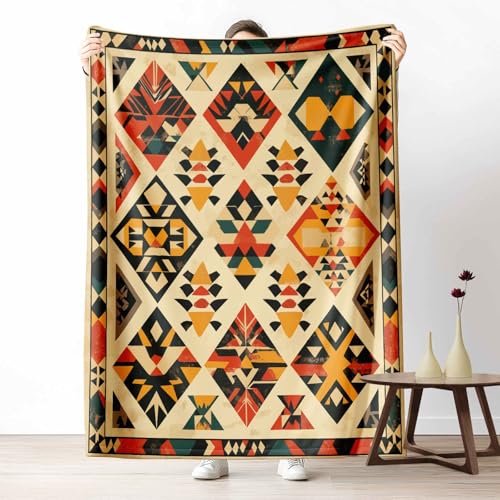 3D Kuscheldecke für Erwachsene Ethnischer Patchwork Wohndecke Flauschig als Sofa Deko Bohemian Geometrie Tagesdecke Stammes Kelim Fleecedecke Warm für Couch & Sessel, 130x150 cm von LLponhg