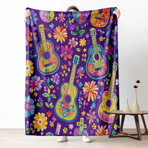 3D Kuscheldecke für Erwachsene Hippie Gitarre Wohndecke Flauschig als Sofa Deko Bunt Blumen Tagesdecke Musik Instrument Fleecedecke Warm für Couch & Sessel, 130x150 cm von LLponhg