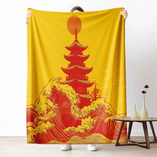 3D Kuscheldecke für Erwachsene Japanische Pagode Wohndecke Flauschig als Sofa Deko Asiatischer Stil Welle Tagesdecke Orientalische Sonnenaufgang Fleecedecke Warm für Couch & Sessel, 130x150 cm von LLponhg