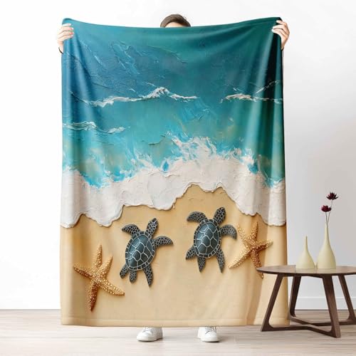 3D Kuscheldecke für Erwachsene Küsten Strand Wohndecke Flauschig als Sofa Deko Meerestiere Meeresschildkröten Tagesdecke Nautisch Seestern Fleecedecke Warm für Couch & Sessel, 130x150 cm von LLponhg