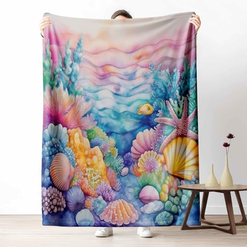 3D Kuscheldecke für Erwachsene Meerestiere Ozean Wohndecke Flauschig als Sofa Deko Aquarell Korallen Tagesdecke Unterwasserwelt Hülse Fleecedecke Warm für Couch & Sessel, 130x150 cm von LLponhg