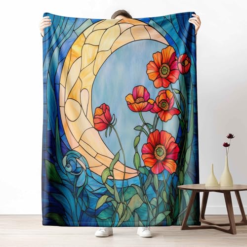 3D Kuscheldecke für Erwachsene Mosaik Mohn Wohndecke Flauschig als Sofa Deko Jugendstil Mond Tagesdecke Blumen Nacht Fleecedecke Warm für Couch & Sessel, 130x150 cm von LLponhg