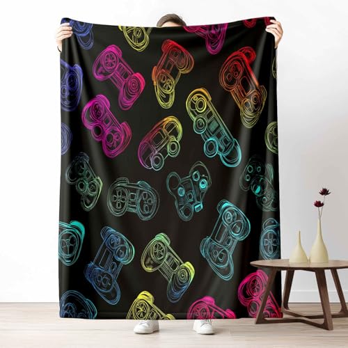 3D Kuscheldecke für Erwachsene Neon Gamepad Wohndecke Flauschig als Sofa Deko Spiele Controller Tagesdecke Graffiti Konsole Fleecedecke Warm für Couch & Sessel, 130x150 cm von LLponhg