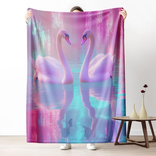 3D Kuscheldecke für Erwachsene Tier Schwan Wohndecke Flauschig als Sofa Deko Romantisch Paar Tagesdecke Märchen See Fleecedecke Warm für Couch & Sessel, 130x150 cm von LLponhg