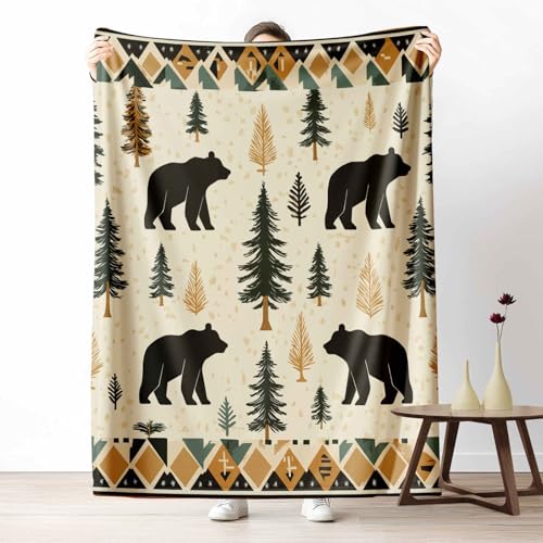 3D Kuscheldecke für Erwachsene Waldtiere Bär Wohndecke Flauschig als Sofa Deko Rustikaler Kiefer Tagesdecke Aztekenmuster Dreieck Fleecedecke Warm für Couch & Sessel, 130x150 cm von LLponhg
