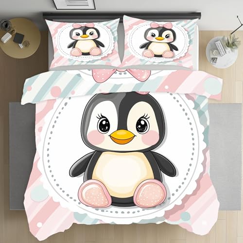 Bettwäsche 135x200 Cartoon Pinguin Bettwäsche Set Weich Microfaser Kuschelige Bettwäsche, Anime Regenbogenstreifen Wendebettwäsche Süßer Pinguin Mit Tiermuster Bettbezug und Kissenbezug 80x80cm von LLponhg