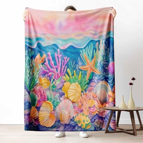 Flanelldecke Küsten Hülse Kuschelige Sofadecke Weich & Warm Aquarell Korallen Flauschige Decke Meereswelt Seestern Fleecedecke als Tagesdecke oder Geschenk, 100x130 cm von LLponhg