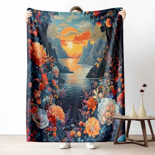 Flanelldecke Landschaft Natur Kuschelige Sofadecke Weich & Warm Blumen Berg Flauschige Decke Garten Sonnenuntergang Fleecedecke als Tagesdecke oder Geschenk, 100x130 cm von LLponhg