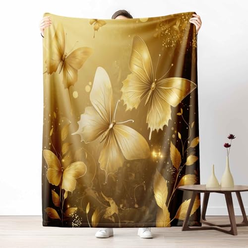 Flanelldecke Luxuriöse Schmetterling Kuschelige Sofadecke Weich & Warm Blumenpflanzen Blatt Flauschige Decke Ölgemälde Gold Fleecedecke als Tagesdecke oder Geschenk, 100x130 cm von LLponhg